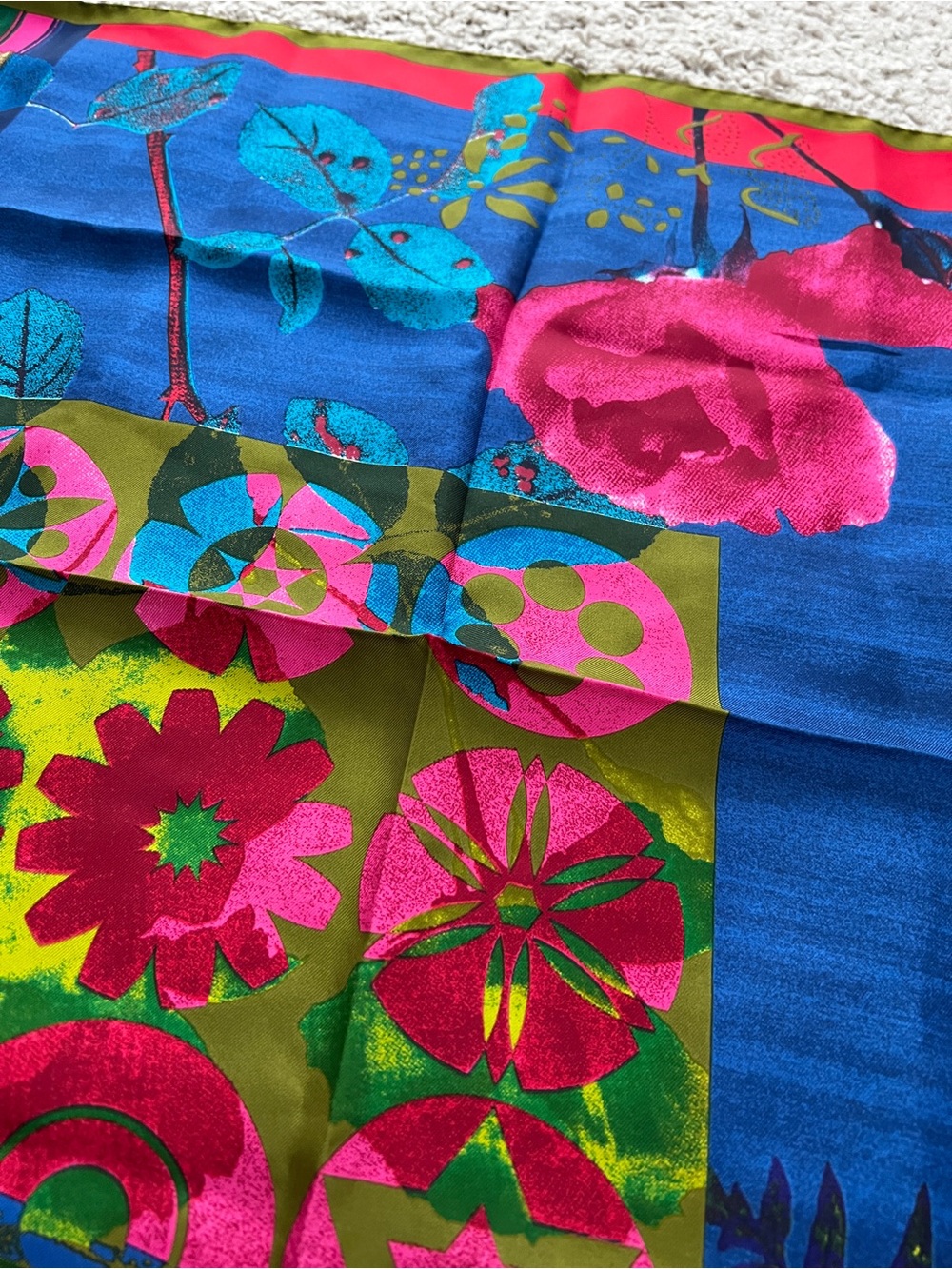 Christian Lacroix Vibrant Floral Silk Scarf in Blue, Pink & Green - Picture 4 of 8